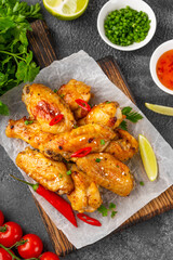 Baked chicken wings served with sweet chili sauce and fresh herbs. Selective focus.