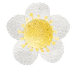 Watercolor of strawberry, leaf, and flower.