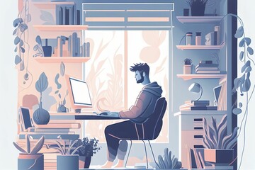 Illustration of freelance and business man work from home Created with Generative AI technology.