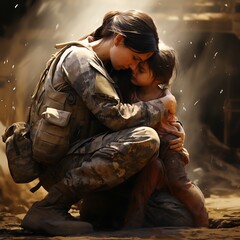 an American army mom kneeling in tears while hugging on her baby daughter after returning from war