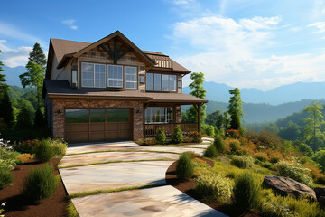 Fototapeta na wymiar Beautiful exterior of a new luxury home, beautifully blended with natural bounty. Generative AI