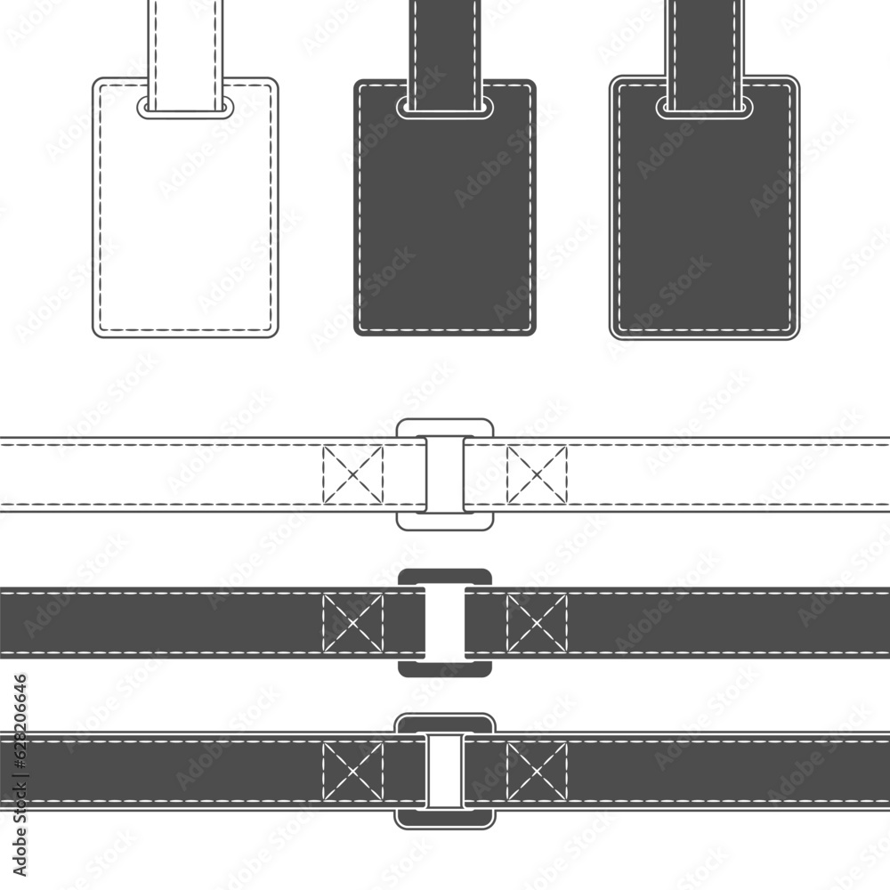 Poster set of black and white illustrations of belt with tag. isolated vector object on white background.