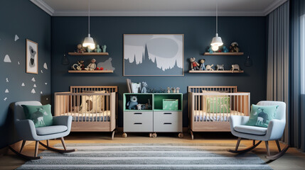 Nursery interior design, baby room furniture, cozy infant  bedroom