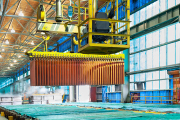 Copper cathodes at an electrowinning plant in a copper mine in Chile.