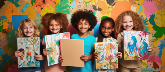 Joyful Inspiring Children Showcasing Their Artwork The Spirit of Creativity and Learning in School Art Project With Group of Friends - Generative AI 