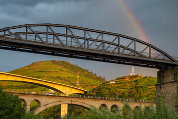 Sunset above the bridge and grape vines in the Douro Valley Portugal at the beginning of summer