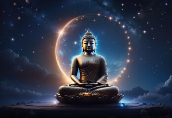 Budda with a halo and starry night sky background