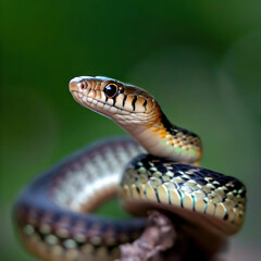 Obraz premium An Eastern Garter Snake basks in the sun, showcasing its vibrant stripes and calm demeanor