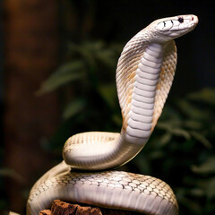 A close-up of the white King Cobra, a fascinating and seldom-seen variant