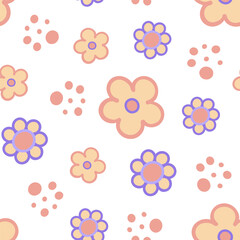 Groovy fancy daisy flower seamless pattern in 60s, 70s, 80s style, floral repeat ornament vector illustration, trendy retro background for surface design, textile, stationery, wrapping paper, cover