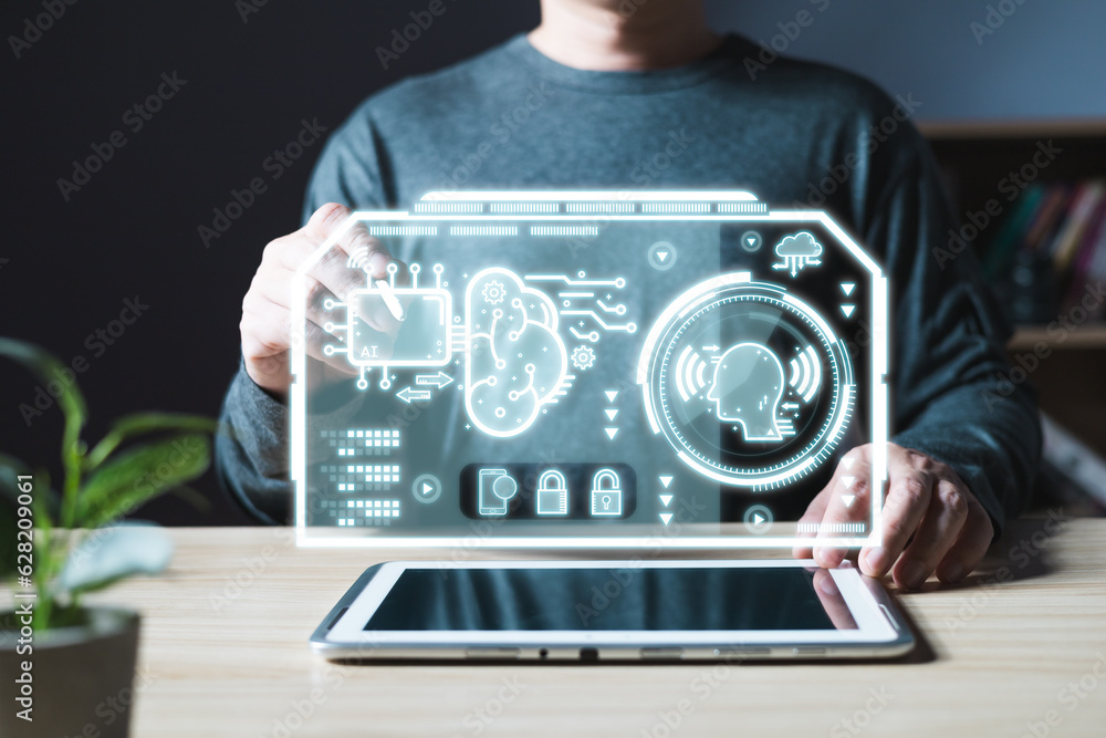 Poster a person uses an ai chip.new technology big data and business process strategy, customer service man