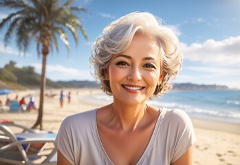 Fototapeta na wymiar Beautiful smile mature senior woman on beach coast