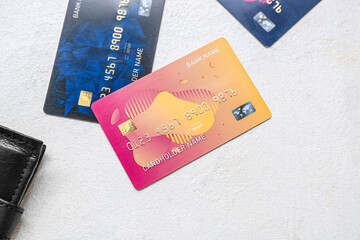 Many credit cards on white background