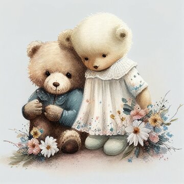 Illustration two teddy bear sitting together in flower garden Created with Generative AI technology.