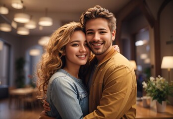 Naklejka premium Couple hugging love each other with a smile indoors