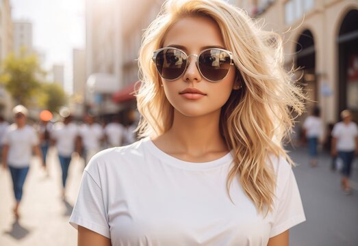 Blonde fashion woman wearing sunglass lifestyle photo white tshirt mockup, blurred street city on the background