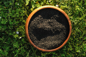 wooden bowl with black cumin seeds stands on a grass