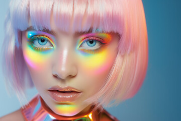 Young woman in fluorescent rainbow make up, pink style girl.