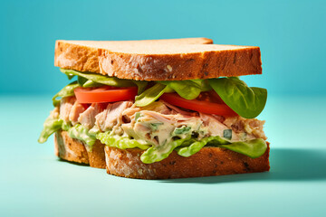 fresh and healthy tuna sandwich, isolated on a light blue background, created with generative ai