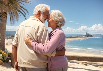 Fototapeta na wymiar Old couple hugging and love each other with beach coast background