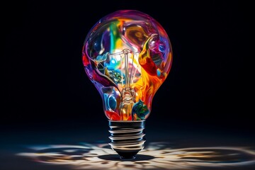 a colorful glowing idea bulb lamp, visualization of brainstorming, bright idea and creative thinking