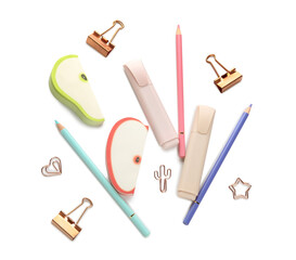 Different school stationery on white background