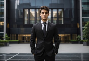 Fototapeta premium Young businessman Wearing black suit standing confident in front of the corporate building