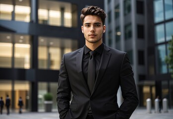 Young businessman Wearing black suit standing confident in front of the corporate building