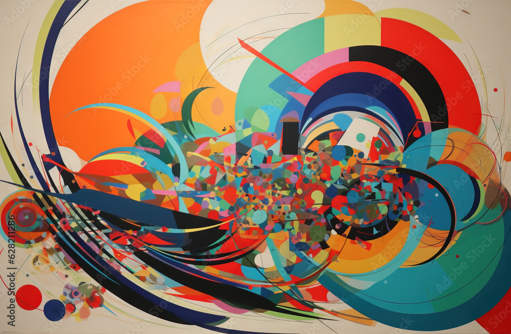 Poster Abstract background in the style of expressionism, modern and Bauhaus. Artistic abstraction with colorful circles and lines.