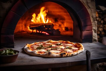 A delicious, freshly-made Neapolitan margarita pizza has just been taken out of the rustic Italian pizza oven, ready to be eaten. Generative AI.