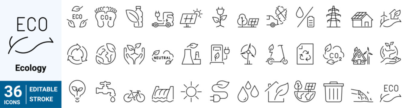 Ecology linear icon collection real estate. Carbon footprint, CO2 neutral, net zero, sustainable development. Editable stroke. Vector illustration