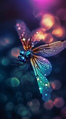Fototapeta na wymiar Beautiful colorful dragonfly on rainbow bokeh background Created with Generative AI technology.