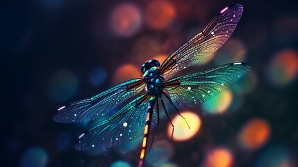 Beautiful colorful dragonfly on rainbow bokeh background Created with Generative AI technology.