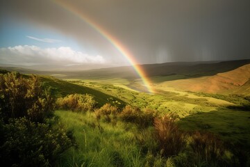 Naklejka premium Illustration of Two vibrant rainbows stretching across the sky above a lush green valley, created using generative AI