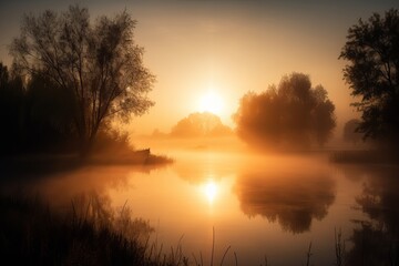 Obraz premium Illustration of a peaceful sunset over a serene lake with silhouetted trees in the background, created using generative AI