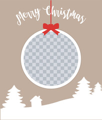Christmas round Photo frame collage. Vertical template with big Christmas ball, trees and a house. Mockup on beige background. Vector Holiday composition. EPS10.