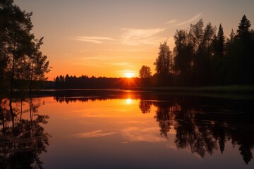 Illustration of a serene sunset over a tranquil lake with trees framing the scene, created using generative AI