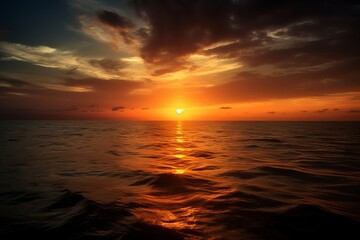 Illustration of a colorful sunset over the ocean with clouds in the sky, created using generative AI