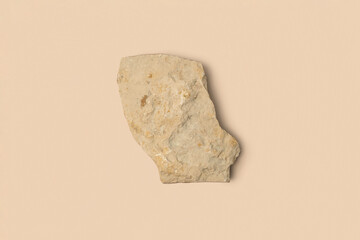 Stone Podium for promotion on beige Background. Natural rock pedestal. Beauty product mockup. Scene to show products. Showcase, display case. Top View soft shadow Flat lay. Trendy neutral color. Space - obrazy, fototapety, plakaty