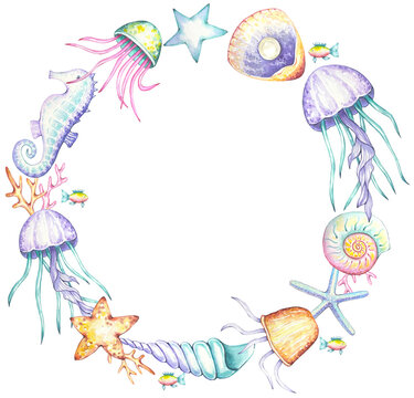 Sea wreath of marine animals, jellyfish, fish, starfish, shells. watercolor