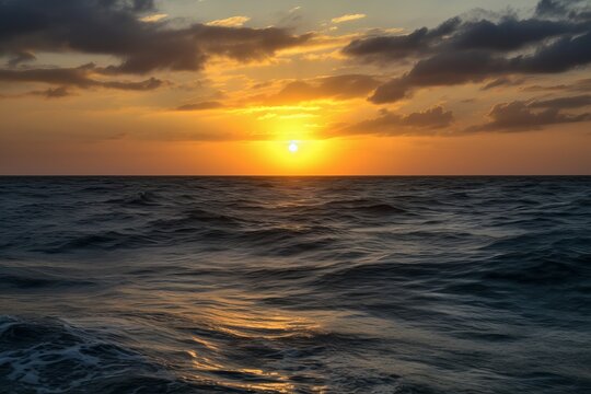 Illustration of the sun setting over the ocean on a cloudy day, created using generative AI