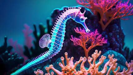 seahorse with red corals