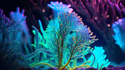 bioluminescent coral reef in deep