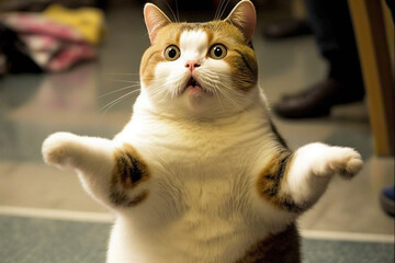 Funny surprised cat with a questioning pose. A cute kitten asks in surprise where the treats are.