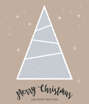 Christmas tree with place for photos. Vector Holiday collage. New year greeting card with text on beige background. Template background. EPS10.