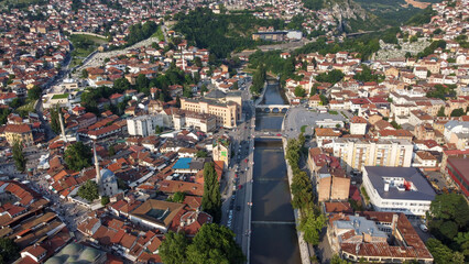 Sarajevo, Bosnia and Herzegovina: Aerial drone view of old city. Buildings, streets, houses and...