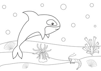 Cute cartoon killer whale. Coloring book or page for kids. Marine life