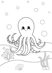 Cute cartoon octopus. Coloring book or page for kids. Marine life