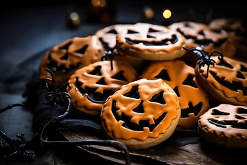 Halloween gingerbread cookies in the shape of a jack head pumpkin with a spider web with symbols of the holiday on a dark background.