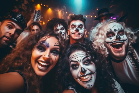 Young People in Costumes Celebrating Halloween. Group of Young Happy Friends Wearing Halloween Costumes having Fun at Party in Nightclub by doing Scary faces. Celebration of Halloween.